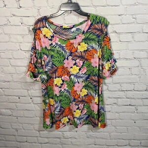 Scarlett Plus Hawaiian Print Floral Knit Crisscross Skeeved Blouse